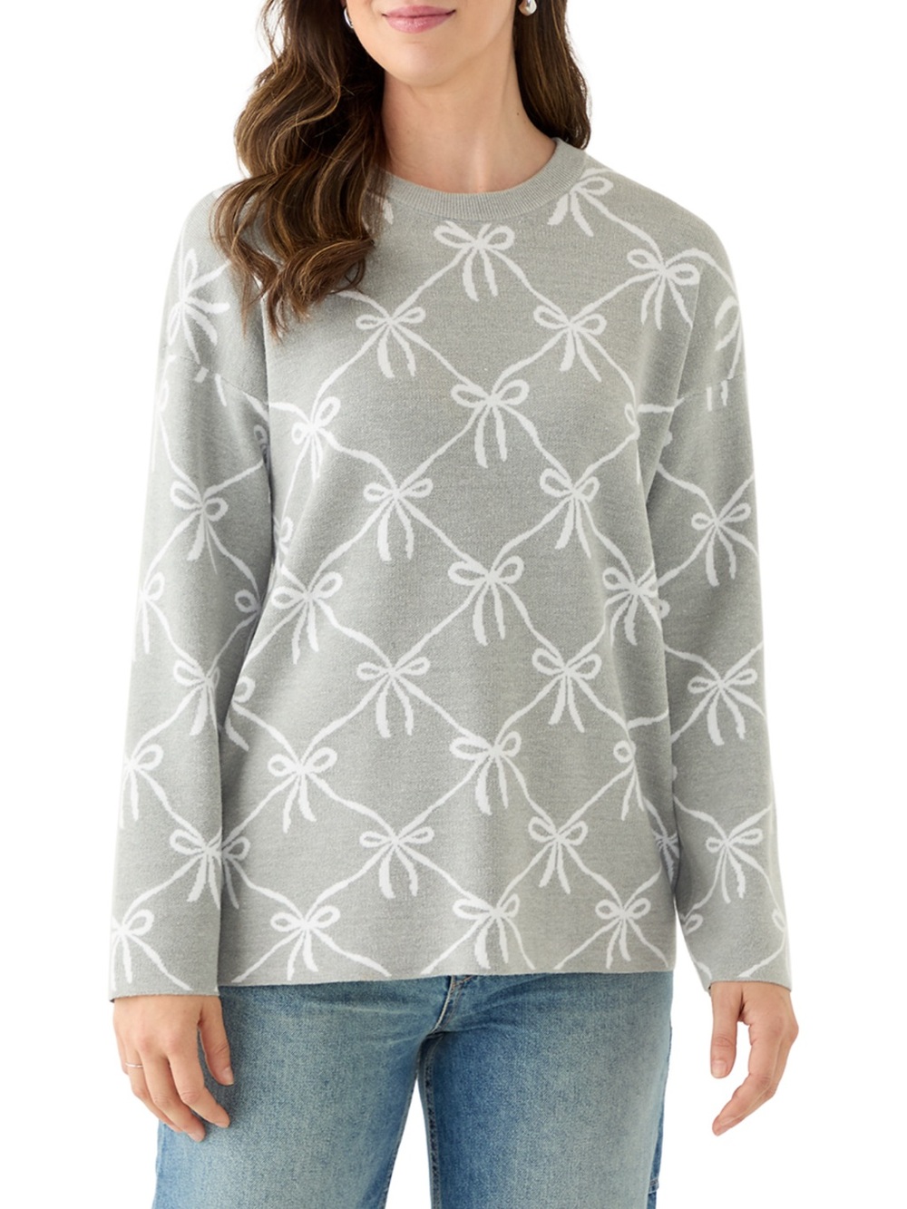NWT Crown & Ivy Women's Intarsia Knit Tunic Sweater Gray With White Bows Sz XL